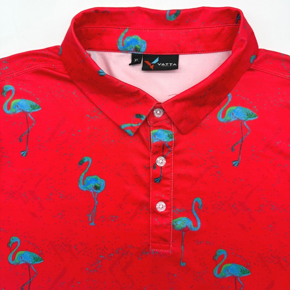 Yatta Golf Polo Shirt Men XL Red Flamingo Print Short Sleeve Performance Active